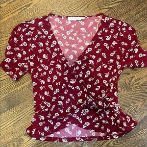 All in Favor Burgundy Floral Wrap Blouse